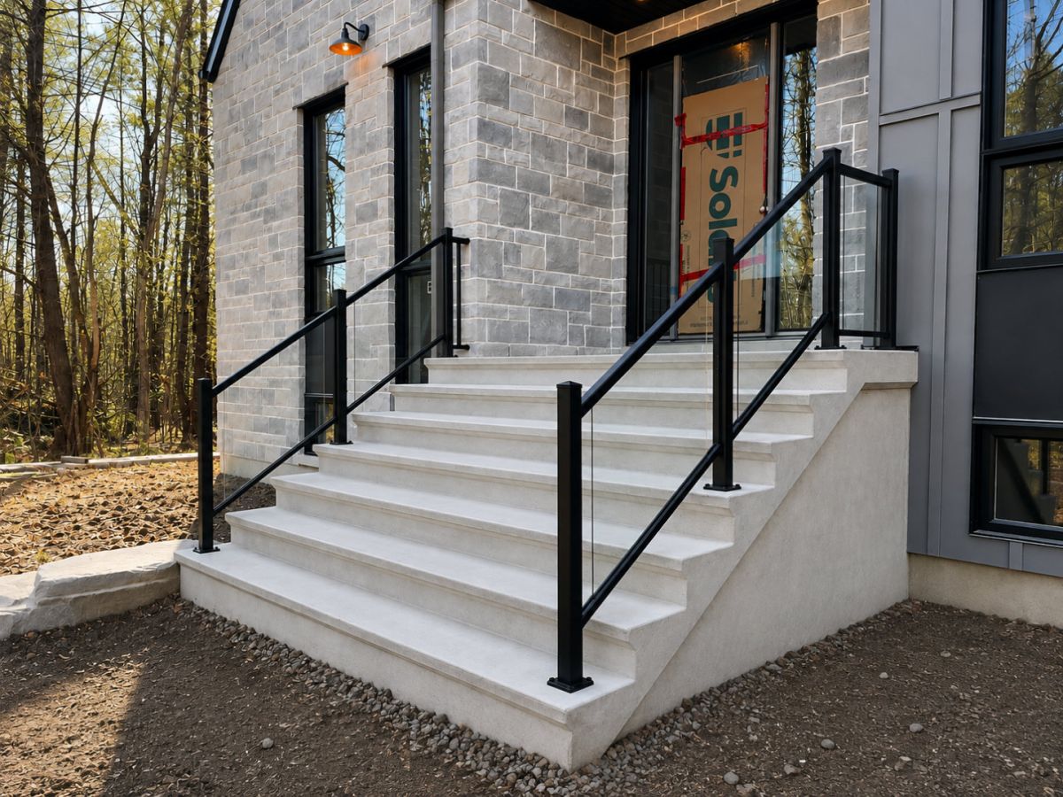 Escalier extérieur en béton avec garde-corps hybride noir et verre
