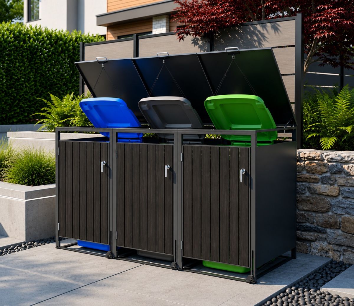 Cache-poubelles noir ouvert sur trois bacs bleu, gris et vert