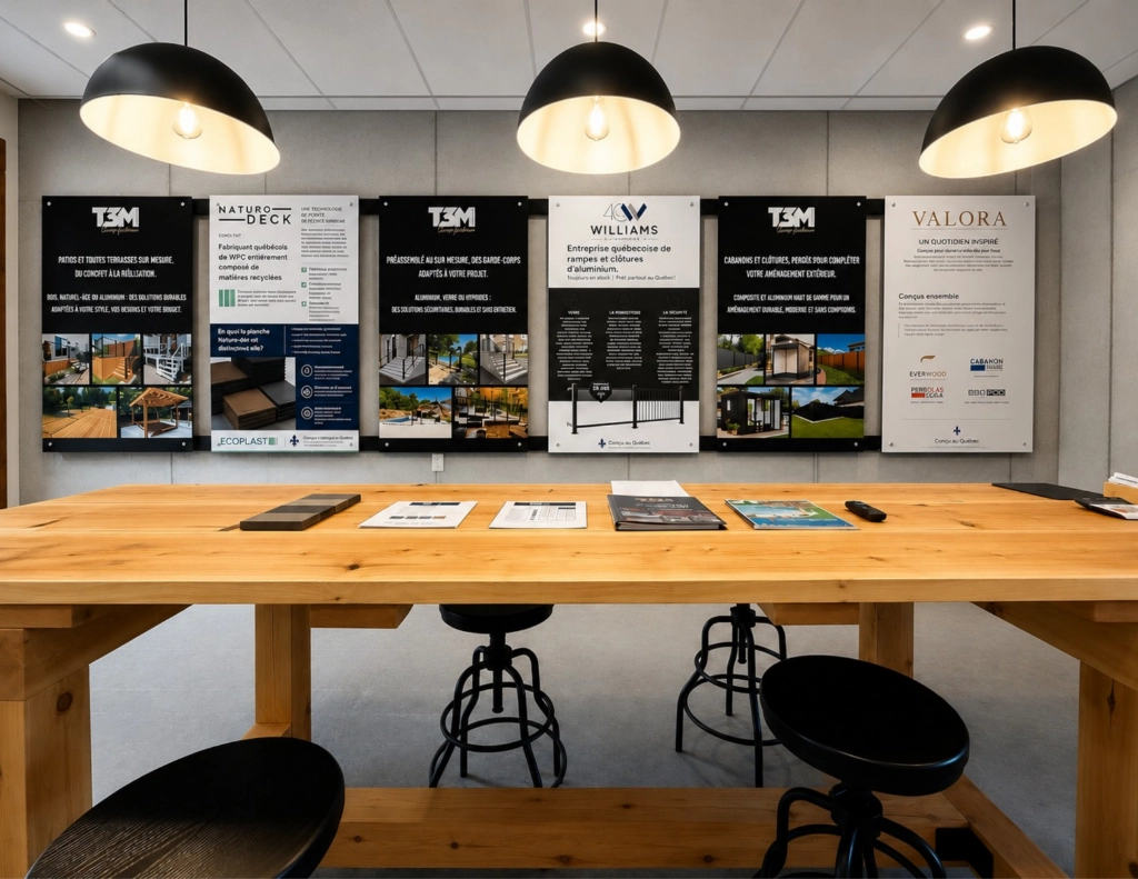 Table de consultation et présentoirs de produits dans la salle de montre T3M