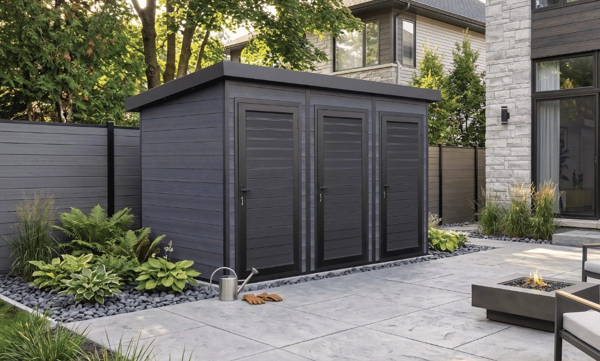 Cabanon en composite gris à trois portes sur une terrasse en pavé