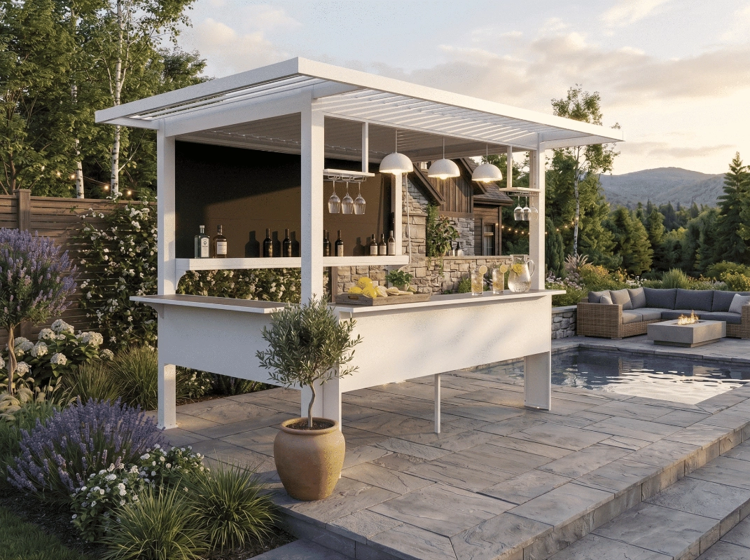 Pergola Bar 8 x 13 avec comptoir intégré et luminaires suspendus